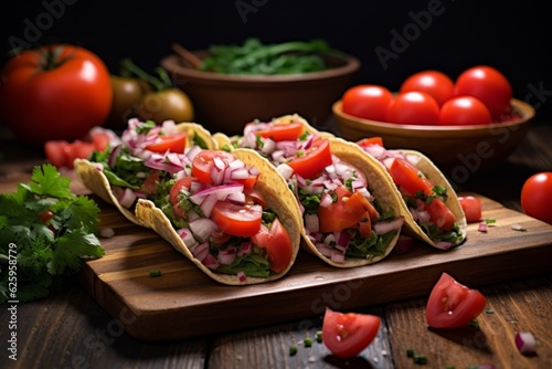 Cactus Tacos garnished with fresh tomatoes and onions on a rustic wood table