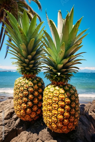 Beachside Tropical Fantasy - Pineapples at the Beach, Generative AI