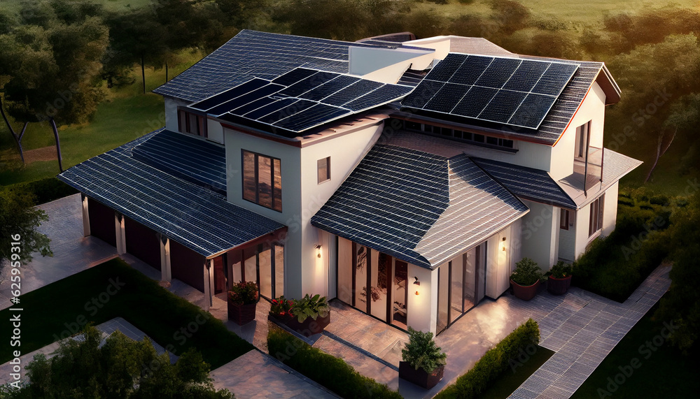 A view from above of a home with solar photovoltaic panels on the roof providing clean power, Ai generated image A view from above of a home with solar photovoltaic panels on the roof providing clean power, Ai generated image
