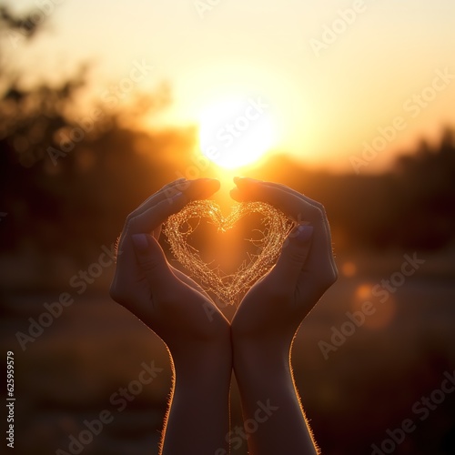 Silhouette of a woman s hand making heart-shaped symbol for love  generated AI photo.