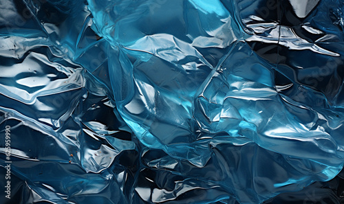 Transparent plastic wrap on dark and blue background. Clean blank texture overlay effect template. Isolated wrinkle surface branding mock-up.