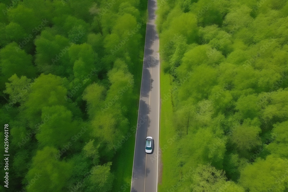 Arial view of a road in a big forest, generative AI