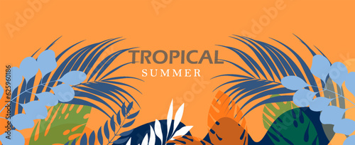 Summer background with tropical leaves and plants in orange, yellow and dark blue colors. Minimalist modern style. Template, horizontal poster, header, cover, social media, fashion ad.