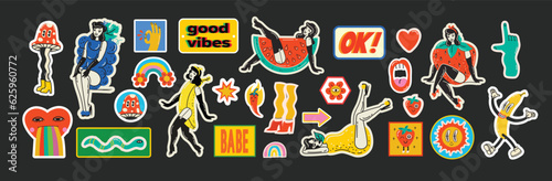 Groovy hippie love stickers set. Comic happy retro girls, geometric stickers, characters in trendy retro 60s 70s cartoon style. Vintage vector illustrations.