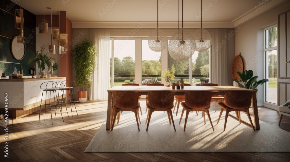 Fototapeta premium Dining room home interior design concept contemporary style natural mood and tone dramatic sunset light through window glass interior design background,AI GENERATE