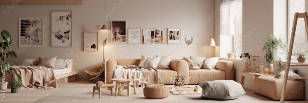 Fototapeta premium cozy living room interior design in wood and earthtone natural colour scheme beautiful house design background room in daylight clean clear ambient atmosphere,ai generate