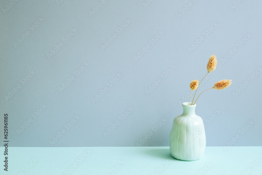Vase of pink dry flower on blue table. blue wall background. minimalism home interior Vase of pink dry flower on blue table. blue wall background. minimalism home interior