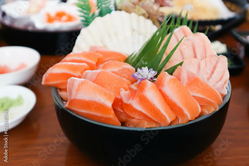raw salmon, sashimi or sliced salmon and burnt salmon