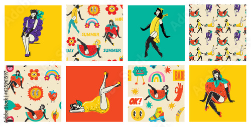 Beautiful young retro girls with fruits costume. Hot summer concept for advertising. Poster, sticker templates Vector background in in groovy pin-up pop art retro comic style.