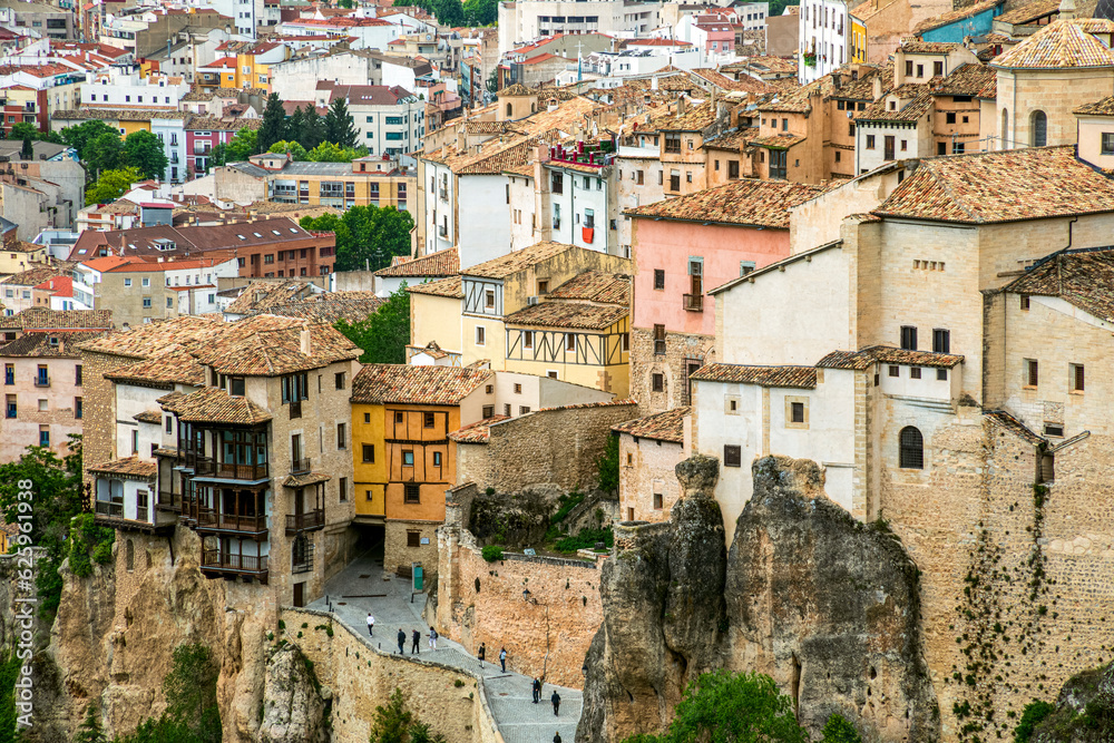 View of the old town, with the hanging houses in the foreground, of Cuencia, Spain, a UNESCO World Heritage City