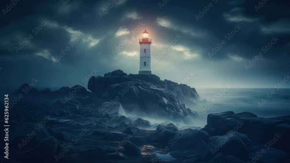 Lighthouse on rocky shore in the night created with Generative AI