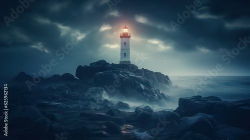Lighthouse on rocky shore in the night created with Generative AI