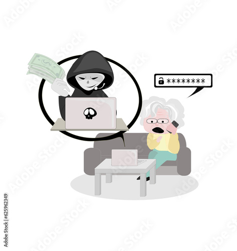 Grandma was contacted by a scammer, which made me very shocked.The culprit tricked the old woman into telling her the password.Hacker stole the Elder's money.Internet terrorism and cyber crime concept