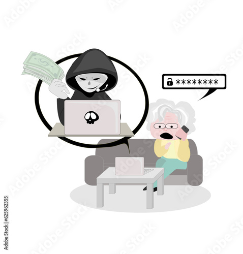 Grandma was contacted by a scammer, which made me very shocked.The culprit tricked the old woman into telling her the password.Hacker stole the Elder's money.Internet terrorism and cyber crime concept