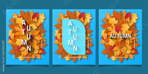 Autumn cards  banner  flyer  background. A set of colorful posters with leaves and frames. Template for congratulations. Vector illustration in a paper cut style.