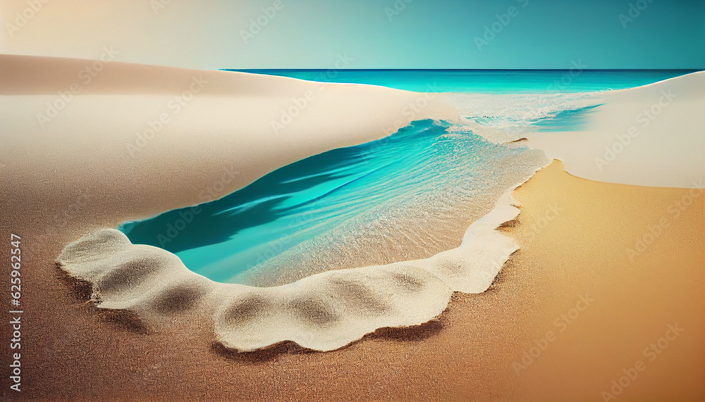 Abstract sand beach with sunlight in a beautiful turquoise water wave, background concept for idyllic resort at the sea with space for text or products, Ai generated image