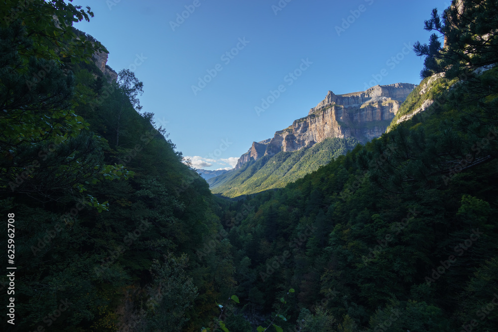 Rock formation in the walls of Ordesa canyon in the Pyrenees mountains, Ordesa y Monte Perdido national park, Aragon, Huesca, Spain