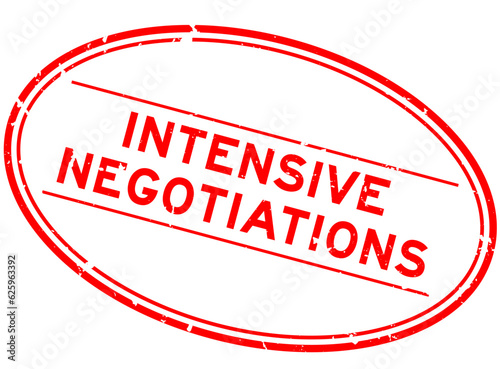 Grunge red intensive negotiations word oval rubber seal stamp on white background