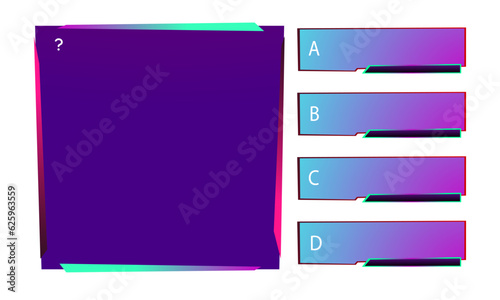 Vector template question and answers neon style for quiz game, exam, tv show, school, examination test. Illustration 10 eps