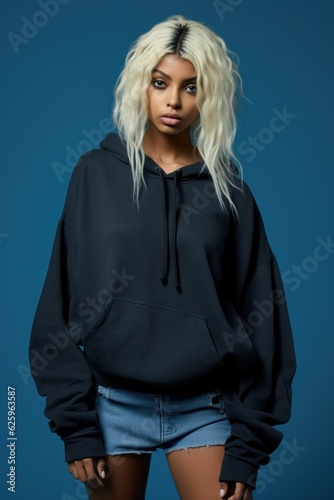 Portrait of a fictional black woman with dyed blond hair wearing an oversize sweatshirt. Generative AI.