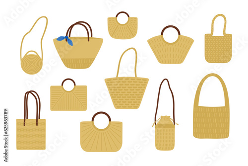 Vector set of illustrations of summer wicker women's bags
