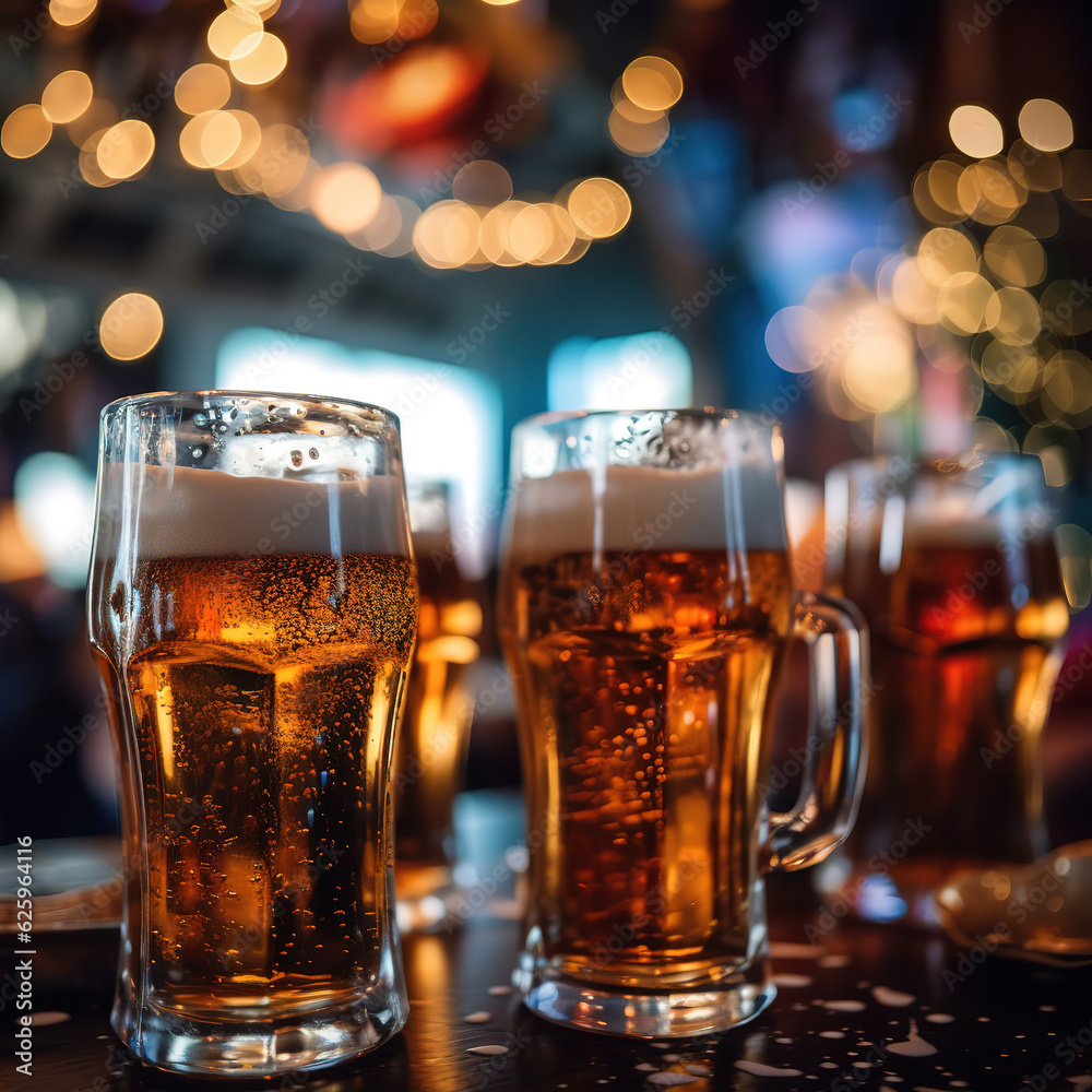 Fresh glasses of beer indoors. Created with generative Ai technology.