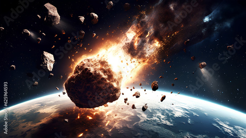 The fall of an asteroid to earth, an extinction-level event, a collision with a comet, destruction. Generative.
