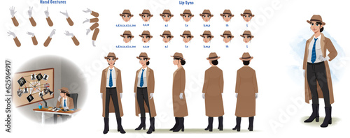 Set of male detective design. Character Model sheet. Front, side, back view animated character. Investigator character creation set with various views, poses and gestures. Cartoon style, flat vector