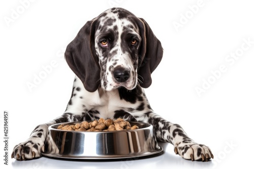 dog sitting with a heap bowl of cat food on white background. Generative AI