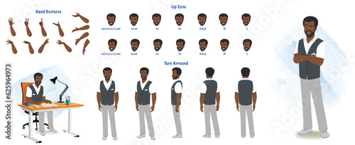 Set of african teacher character design. Character Model sheet. Front, side, back view animated character. Teacher character creation set with various views, poses and gestures. Cartoon style, flat ve