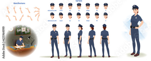 Set of police, cop design. Character Model sheet. Front, side, back view animated character. Policewoman character creation set with various views, poses and gestures. Cartoon style, flat vector isola