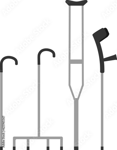 Vector crutches, assistive cane, forearm crutch, walking stick. Vector illustration of medical equipment set. 