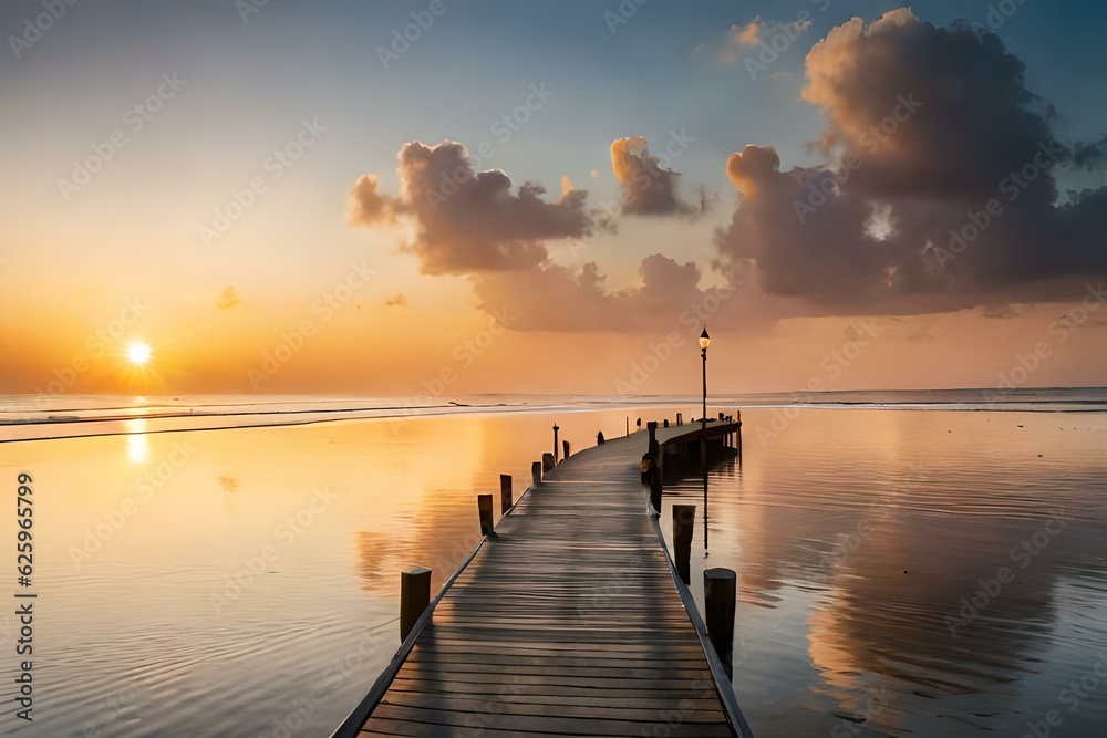 Obraz premium A serene sunset over the ocean, with warm golden hues reflecting off the calm water - AI Generative