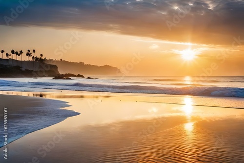 A serene sunset over the ocean, with warm golden hues reflecting off the calm water - AI Generative © Being Imaginative