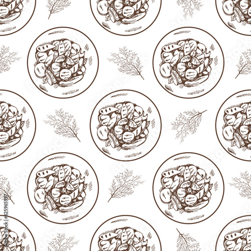 Hand-drawn vector seamless pattern of plate of grilled vegetables. Vintage doodle illustration. Sketch for cafe menus and labels. The engraved image.