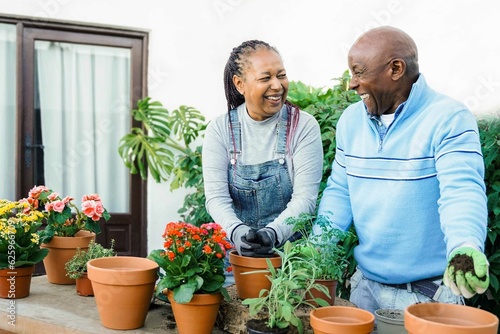 African Senior people gardening with flowers in backyard house - Couples fun and hobby concept