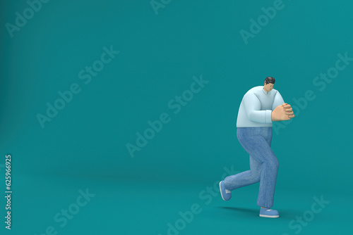 cartoon character wearing jeans and long shirt. He is pulling or pushing something. 3d rendering in acting.