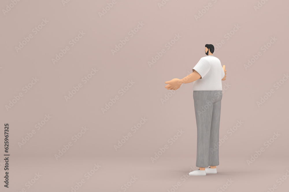 The man with beard wearinggray corduroy pants and white collar t-shirt. He is expression of hand when talking. 3d rendering of cartoon character in acting. The man with beard wearinggray corduroy pants and white collar t-shirt. He is expression of hand when talking. 3d rendering of cartoon character in acting.