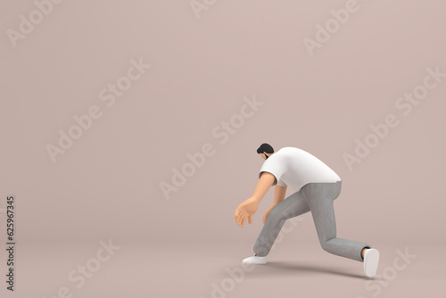 The man with beard wearinggray corduroy pants and white collar t-shirt. He is doing exercise. 3d rendering of cartoon character in acting.