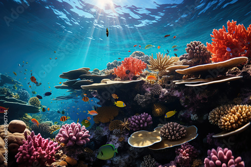 Fotografiet The vibrant coral reef comes alive with a kaleidoscope of colorful fish and exotic marine life, creating an underwater paradise