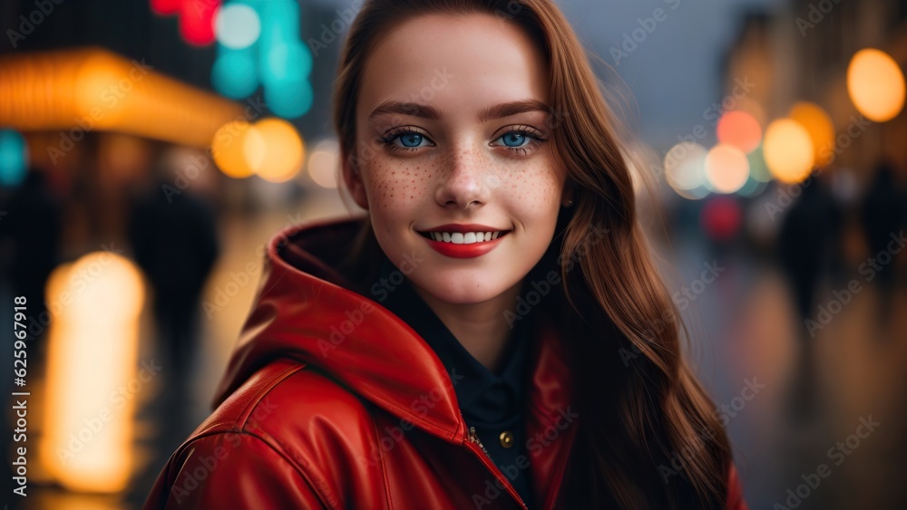 Beautiful brunette girl in red raincoat in the city in the rain, smiling