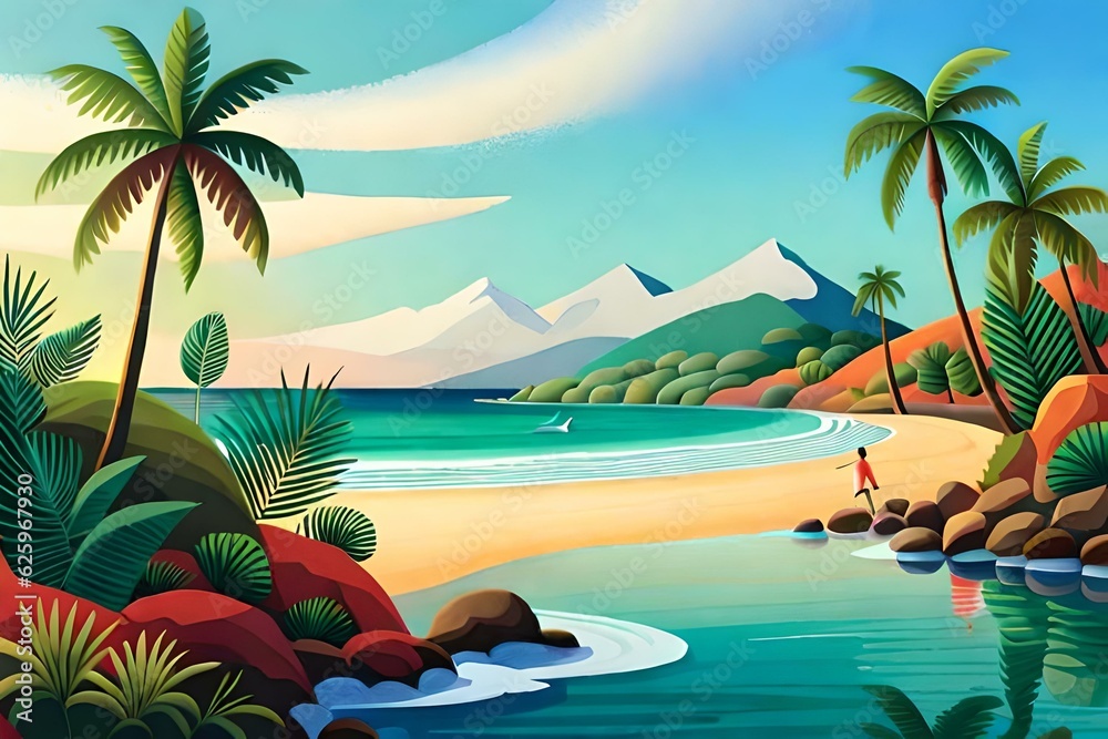 An illustration of a beach with rocks and palm trees - AI Generative