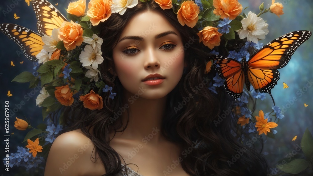 A woman with butterfly wings and flowers in her hair, a photorealistic painting