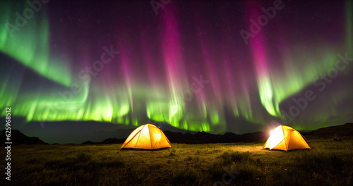 Arctic Camping Under the Aurora. Experience the magic of winter camping as the northern lights dance in the polar skies. Ideal for adventure travel companies. camping under the northern lights.