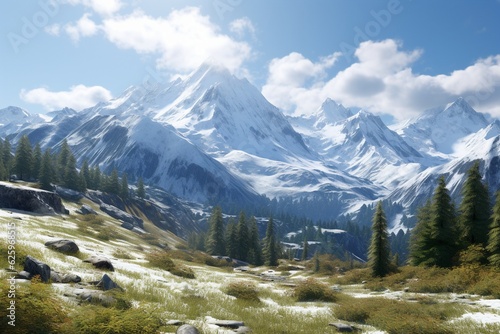 Photography of mountain landscapes with snow-capped peaks, Generative AI