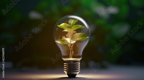 An eco-friendly lightbulb with fresh leaves embodies the concept of renewable energy and sustainable living. photo