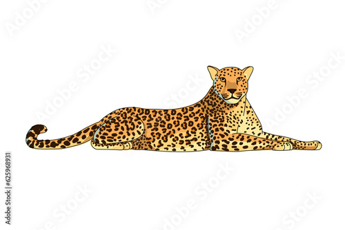 Leopard isolated on white background. The predator is in a lying position. African animal in cartoon style. Vector illustration.