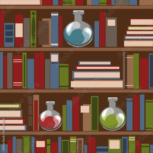 A bookcase with a large number of books and flasks. Bookshelf. Library Fantasy bookshelf.