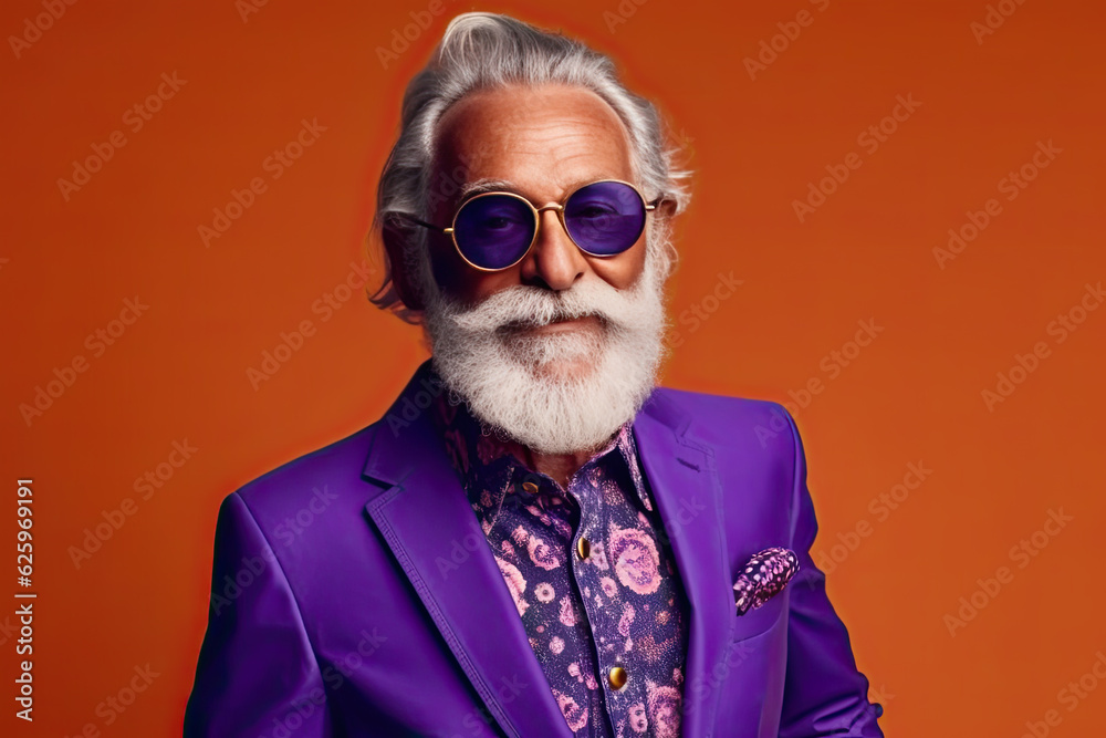 Carefree extravagant elderly man in purple sunglasses and suit on orange background