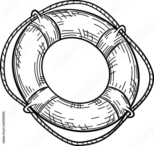 Lifebuoy with rope isolated sketch. Hand drawn life ring in engraving style.